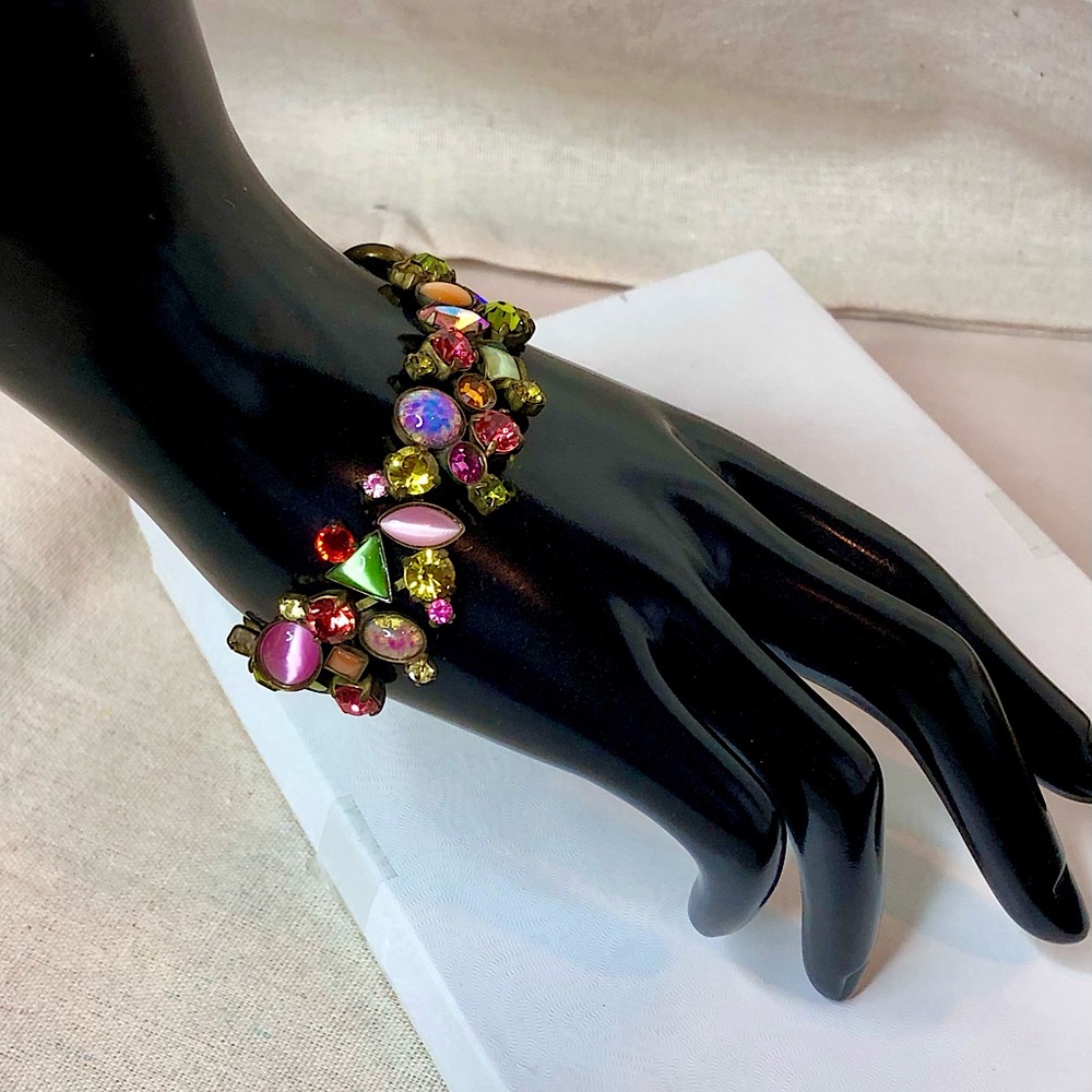 SORELLI Multi Colored Gemstone & Swarovski Crystal Aged Brass Tennis Bracelet